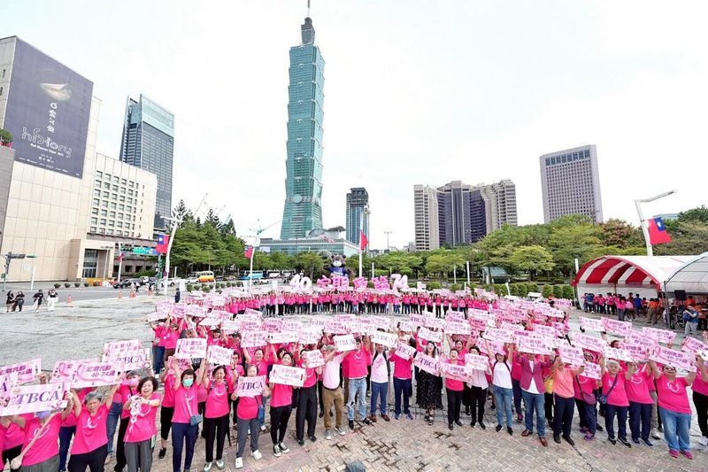 中華民國乳癌病友協會19日在台北舉辦2025點亮雙色粉紅絲帶記者會,現場由來自全台各地的乳癌病友家庭、志工與醫護夥伴合作排列出象徵希望與堅韌的粉紅絲帶大型圖騰。(中華民國乳癌病友協會提供)中央社記者陳婕翎傳真 114年10月19日