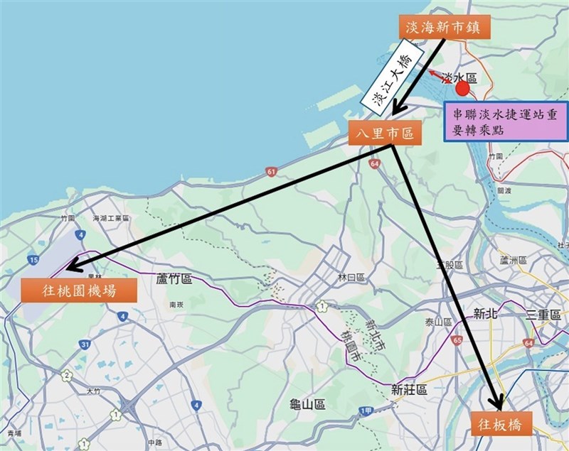 淡江大橋預計115年5月通車。新北市政府交通局規劃3條公車路線,串聯淡水、八里與桃園機場、板橋市區等主要生活圈。圖為3條新公車路線示意圖。 (新北市交通局提供)