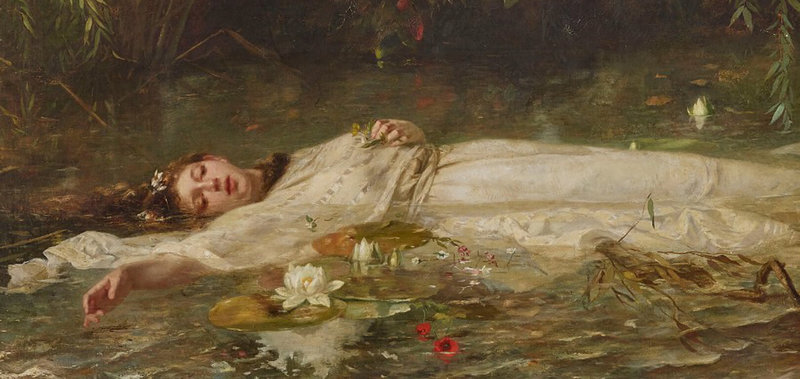 德國畫家弗里德里希.海瑟(Friedrich Heyser)油畫「奧菲利雅」,描繪莎士比亞劇作「哈姆雷特」中奧菲利雅漂浮於溪水中的死亡場景。此畫現藏於德國威斯巴登美術館。(威斯巴登美術館提供)中央社記者林尚縈柏林傳真 114年10月21日