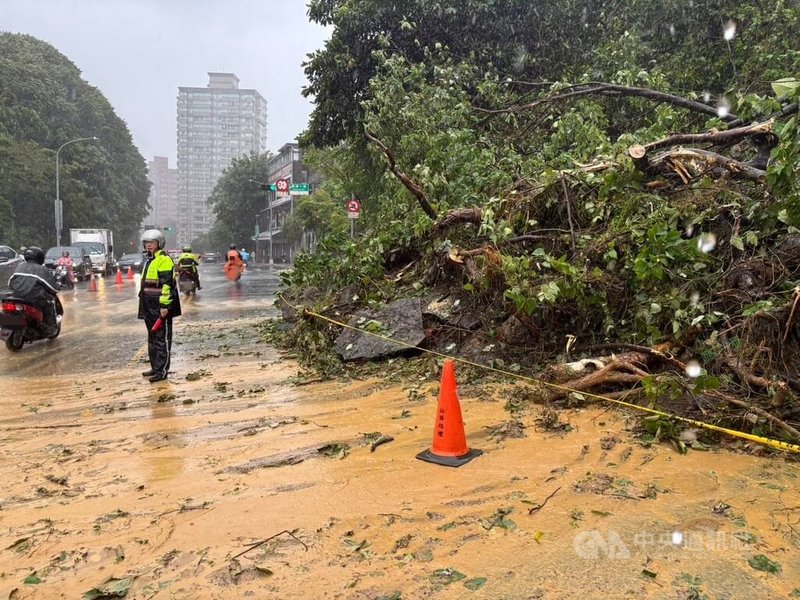 受東北季風與颱風外圍環流影響，新北市汐止區康寧街及福德一路口22日清晨4時許發生土石滑落、路樹傾倒，警方獲報前往拉封鎖線管制，封閉康寧街往東湖方向兩線車道，並在場疏導交通。（翻攝照片）中央社記者曹亞沿傳真　114年10月22日