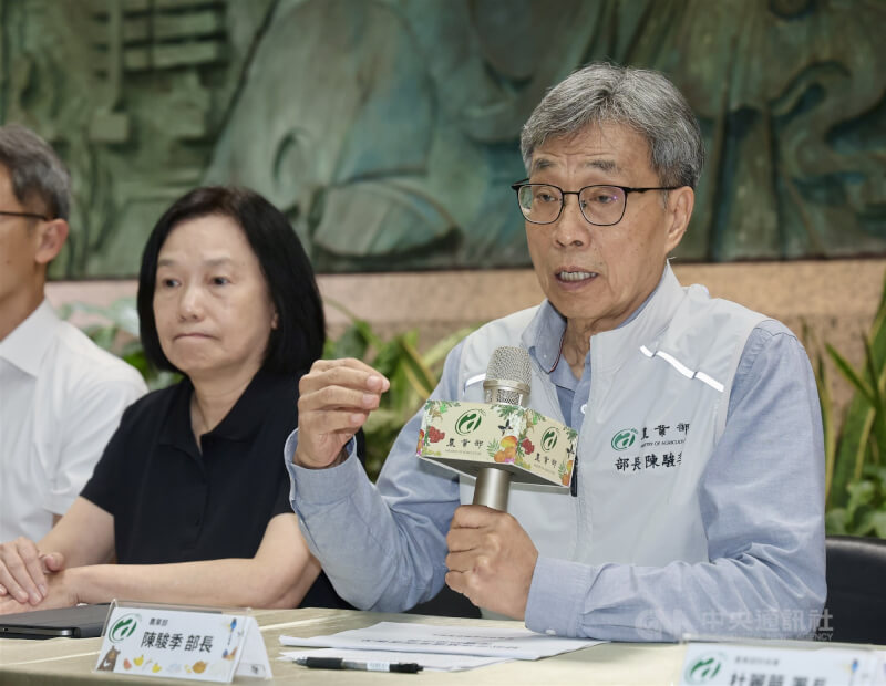 台中市梧棲一處養豬場死亡豬隻驗出非洲豬瘟核酸陽性反應;農業部22日舉行記者會,部長陳駿季(右)表示後續還需進行病毒株分離確認,但為防止疫情擴散,12時起全國豬隻禁運禁宰5天,並全面禁止廚餘養豬。中央社記者張皓安攝 114年10月22日
