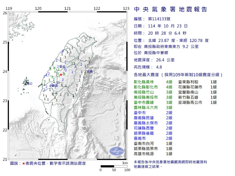 南投縣中寮鄉23日晚間8時28分發生芮氏規模4.8地震。(圖取自氣象署網頁cwa.gov.tw)