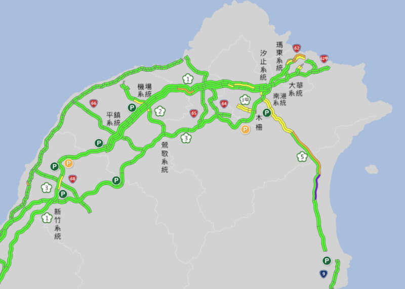 圖為下午1時左右高速公路即時路況。(圖取自高速公路1968網頁1968.freeway.gov.tw)