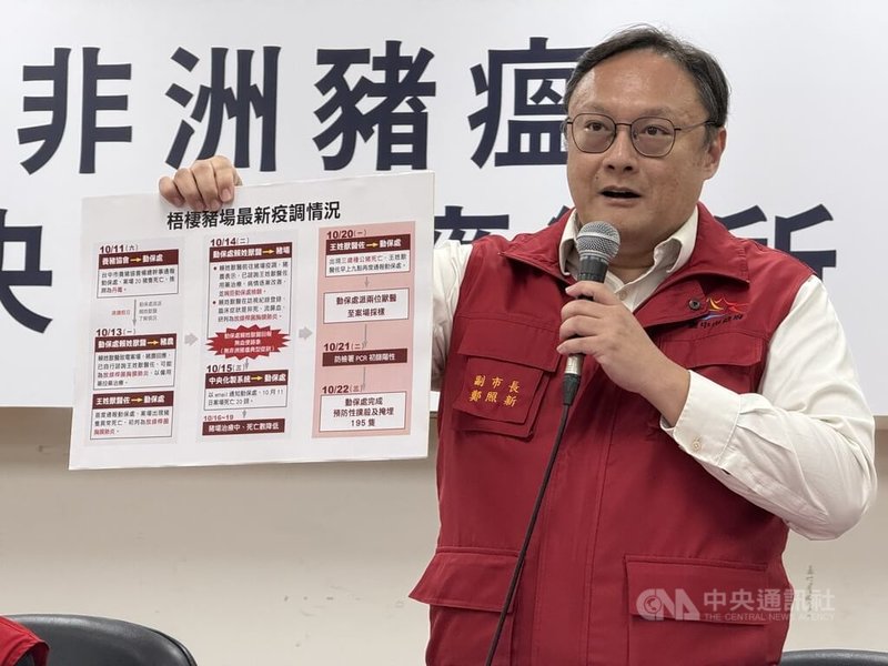 台中梧棲一處養豬場確診非洲豬瘟,非洲豬瘟中央前進應變所28日在農業部動植物防疫檢疫署台中分署召開記者會,農業部次長杜文珍、台中市副市長鄭照新(圖)等人出席,鄭照新說明最新疫調情況。中央社記者蕭博陽台中攝 114年10月28日
