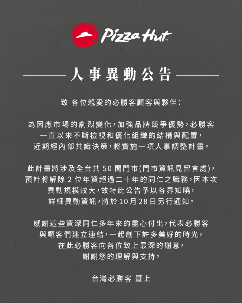 披薩業者近來接連在社群出招,引發網友熱議,必勝客27日突以「人事異動公告」吊足胃口。(圖取自facebook.com/PizzaHut.TW)