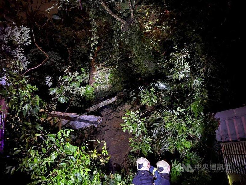 連日降雨,台北市警消28日晚間獲報,指南港區舊莊街一處山坡發生土石滑落事件,連同1株百年老樹因此傾倒滑落,所幸無人傷亡和受困。(翻攝照片)中央社記者黃麗芸傳真 114年10月29日