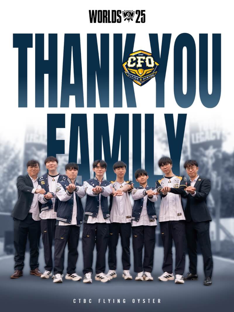 台灣戰隊中信飛牡蠣(CFO)29日在英雄聯盟世界大賽8強戰不敵韓國戰隊KT,無緣擠身4強。(圖取自facebook.com/ctbc.flyingoyster)