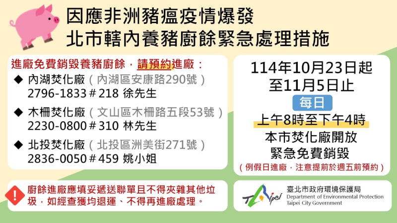 台北市3座焚化廠開放免費銷毀市內非家戶廚餘至11月5日。（圖取自facebook.com/taipeidep）