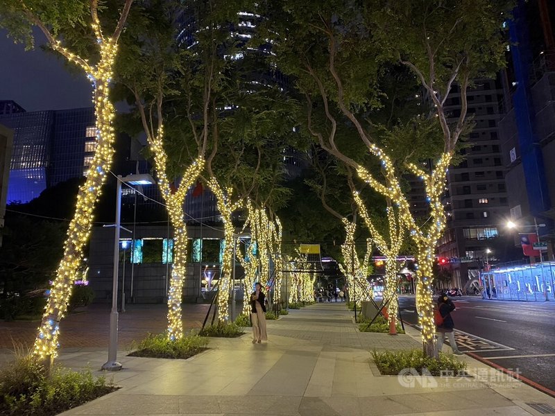 「2025新北歡樂耶誕城」11月14日即將登場,周邊燈飾也陸續布置中,市府周邊人行道的行道樹上也掛滿浪漫燈飾,為耶誕城暖身。中央社記者黃旭昇新北市攝 114年10月30日