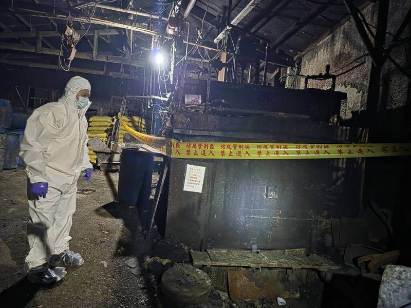 新北市農業局30日赴泰山區一處養豬場稽查,發現含廚餘的桶槽,且廚餘蒸煮槽中仍有廚餘,人員立即將廚餘送至焚化爐銷毀,並封鎖廚餘槽。(新北市農業局提供)中央社記者曹亞沿傳真 114年10月31日