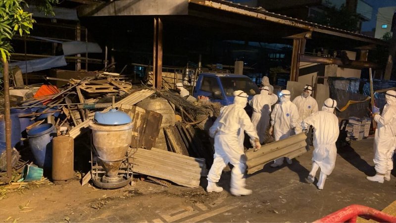 台中養豬場爆發非洲豬瘟,經2次消毒後又檢出另2處非洲豬瘟病毒核酸陽性反應。國防部士兵攜手台中市動保處人員30日漏夜處理,將雜物移出,31日國防部化學兵將進場消毒。(台中市政府提供)中央社記者趙麗妍傳真 114年10月31日
