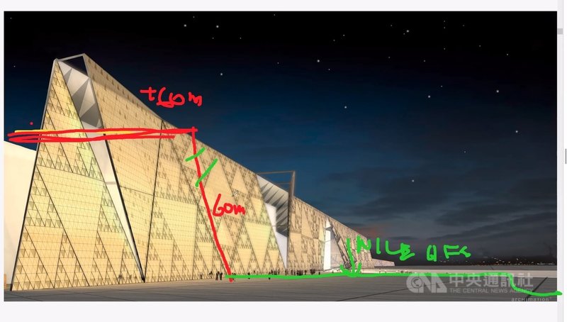 大埃及博物館設計原型台裔建築師彭士佛在2024年接受中央社線上專訪時,特別在電腦上以原型設計圖手繪說明,當初如何利用尼羅河平原與金字塔的60公尺高度差,設計出獨創一格的大埃及博物館。中央社記者施婉清開羅攝 114年11月1日