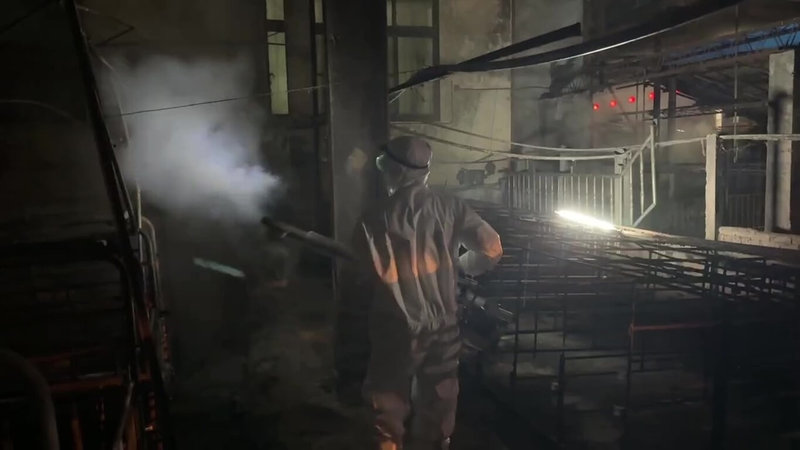 台中市梧棲區1間養豬場出現非洲豬瘟,經移除雜物及清潔,化學兵10月31日進場消毒(圖),11月3日將再檢測,如果是陰性,7天後驗第2次。(農業部提供)中央社記者蕭博陽台中傳真 114年11月1日