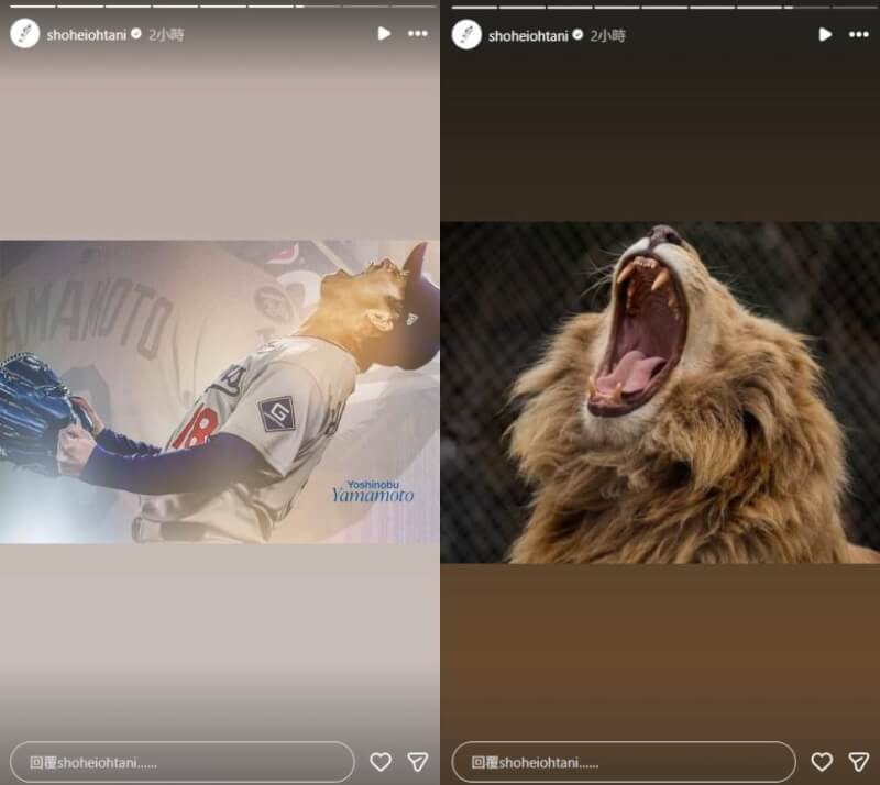 大谷翔平賽後更新IG限時動態,放上山本由伸仰天長吼的圖片與獅吼圖。(圖取自instagram.com/shoheiohtani)