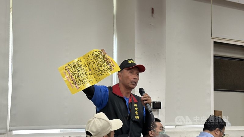 屏東楓港溪河床乾季種西瓜，長年來引發環境問題影響獅子鄉新路部落居民，日前又發現一條野溪河床私種西瓜，有民眾3日把握立委考察座談機會表達立場，更現場展示黏滿蒼蠅的捕蠅紙，強調蒼蠅真的很多。中央社記者李卉婷攝　114年11月3日