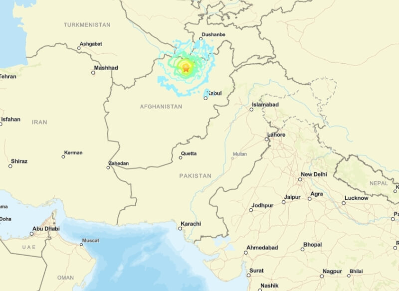 阿富汗北部（星號處）3日發生規模6.3地震。（圖取自earthquake.usgs.gov）