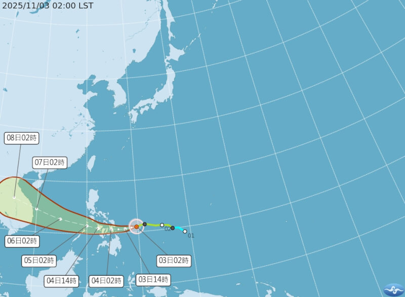 中央氣象署3日發布最新輕颱海鷗路徑預測圖。（圖取自氣象署網頁cwb.gov.tw）