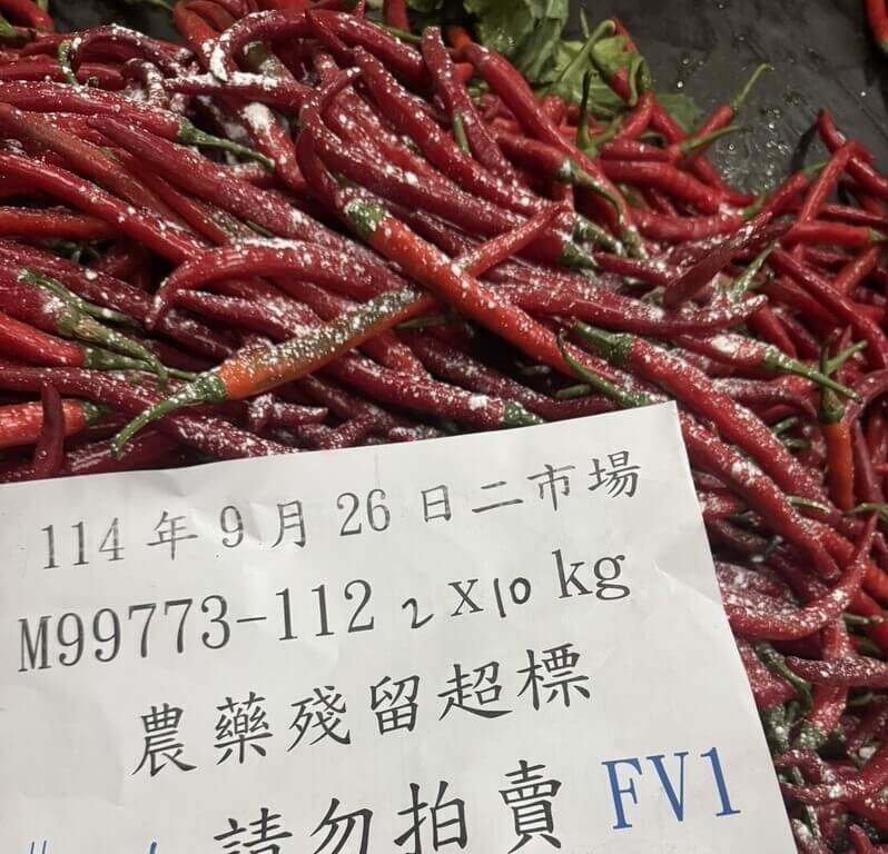台北市市場處公布9月監測批發市場蔬果農藥殘留，主要不合格品項為辣椒、小白菜及絲瓜，以辣椒最多，因辣椒是屬農藥殘留高風險蔬菜，北農列為加強抽驗品項。（市場處提供）中央社記者劉建邦傳真　114年11月4日