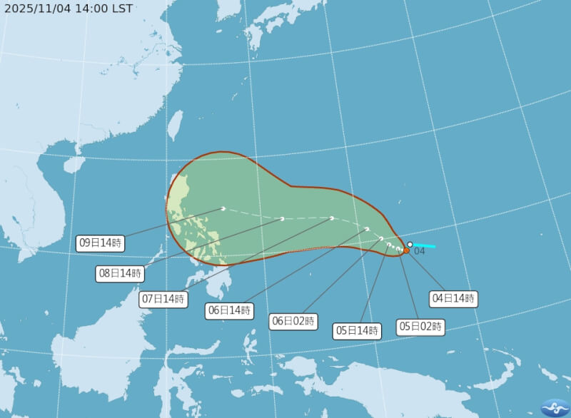位於關島附近海面的熱帶性低氣壓路徑潛勢預報。（圖取自氣象署網頁cwa.gov.tw）