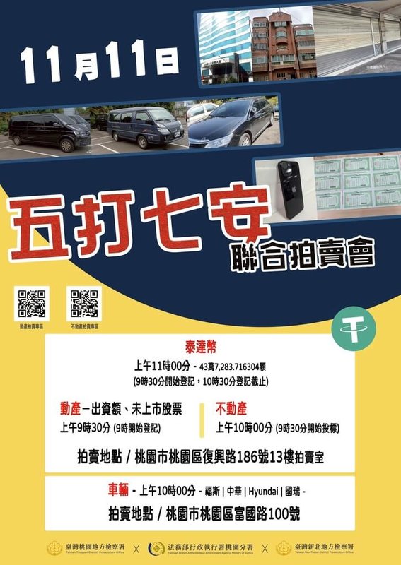 法務部行政執行署桃園分署將於11日上午舉辦「五打七安拍賣會」，拍賣標的包括iPhone14、泰達幣、中壢區黃金地段店面、桃園區商辦及龍潭區住家等物件。（桃園分署提供）中央社記者葉臻傳真　114年11月5日