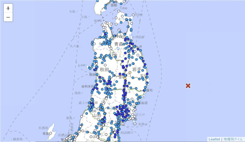日本時間９日下午5時3分（台北時間4時3分）發生規模6.7地震，岩手縣、宮城縣觀測到最大震度4。（圖取自日本氣象廳網頁data.jma.go.jp）