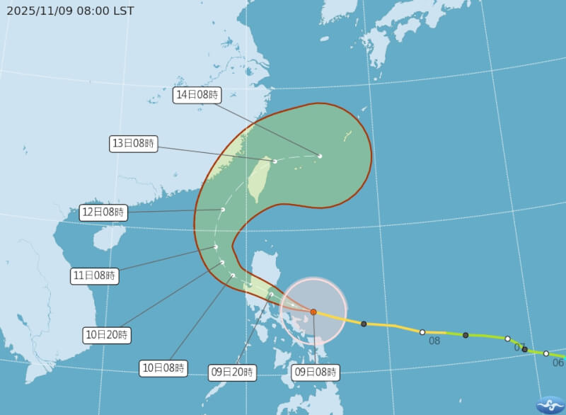 氣象署9日上午8時發布颱風走勢預測圖。（圖取自氣象署網頁cwa.gov.tw）