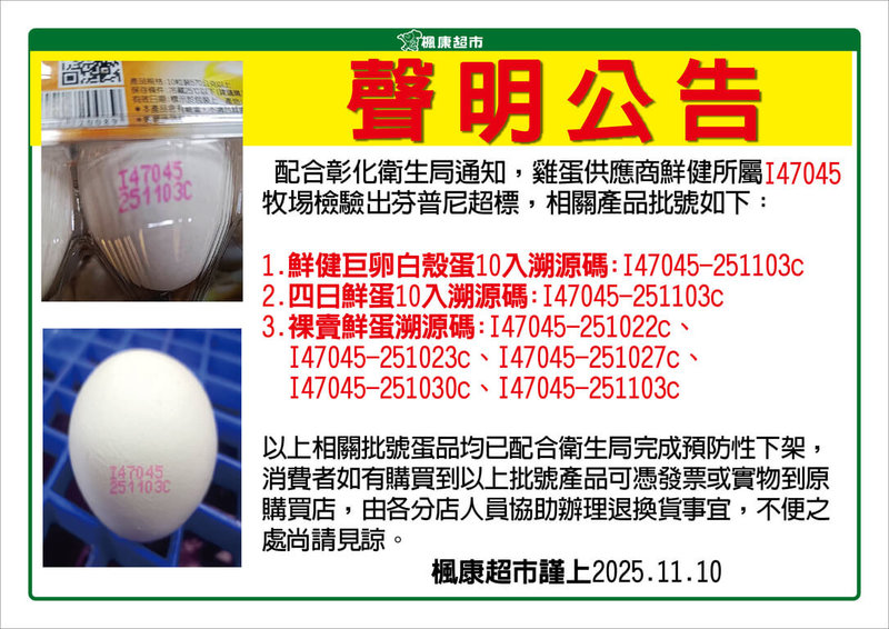 衛福部食藥署公布市售雞蛋檢出農藥芬普尼殘留，15萬顆雞蛋流向9縣市，其中楓康超市10日發布聲明公告，除預防性下架，消費者可憑發票或實物退貨。（業者提供）中央社記者郝雪卿傳真  114年11月10日