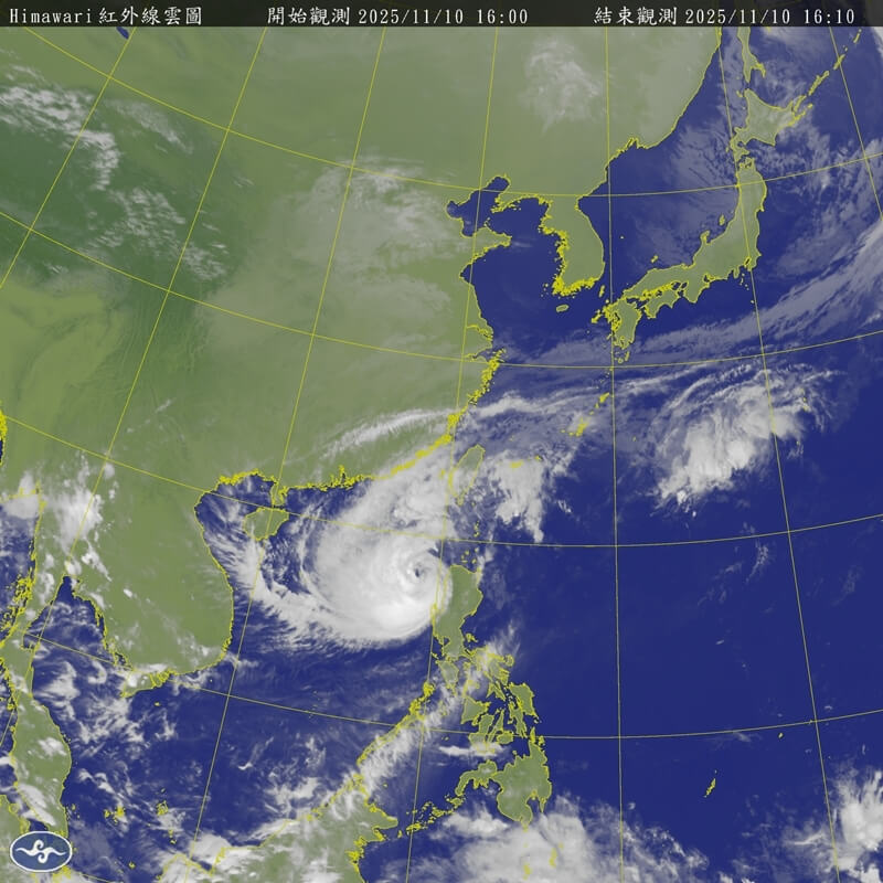 10日下午4時東亞衛星雲圖。（圖取自氣象署網頁cwa.gov.tw）