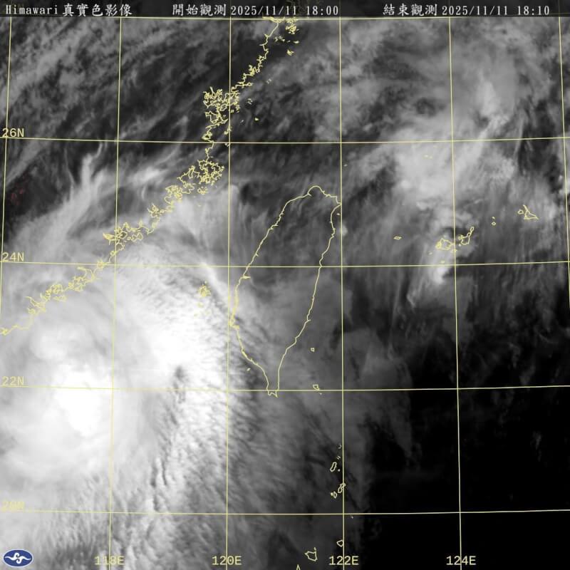 圖為中央氣象署11日下午6時發布衛星雲圖。（圖取自氣象署網頁cwa.gov.tw）