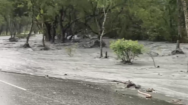 颱風鳳凰外圍環流與東北季風共伴,花蓮雨勢不斷,馬太鞍溪水漫過河床,淹沒台9線231公里附近車道。(民眾提供)中央社記者李先鳳傳真 114年11月11日