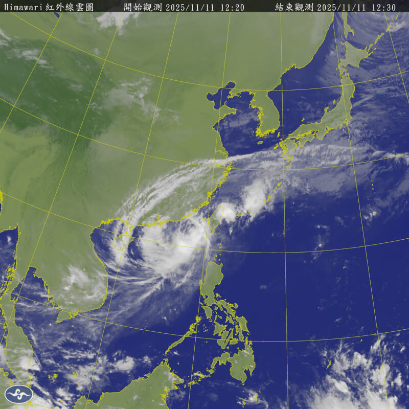 11日中午12時30分衛星雲圖。（圖取自氣象署網頁cwb.gov.tw）