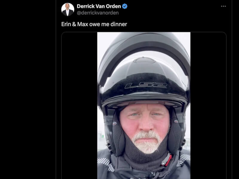 美國政府停擺，交通大亂。威斯康辛州眾議員奧登10日騎摩托車從自家州出發，一路騎16小時赴華府投下關鍵一票。（圖取自x.com/derrickvanorden）