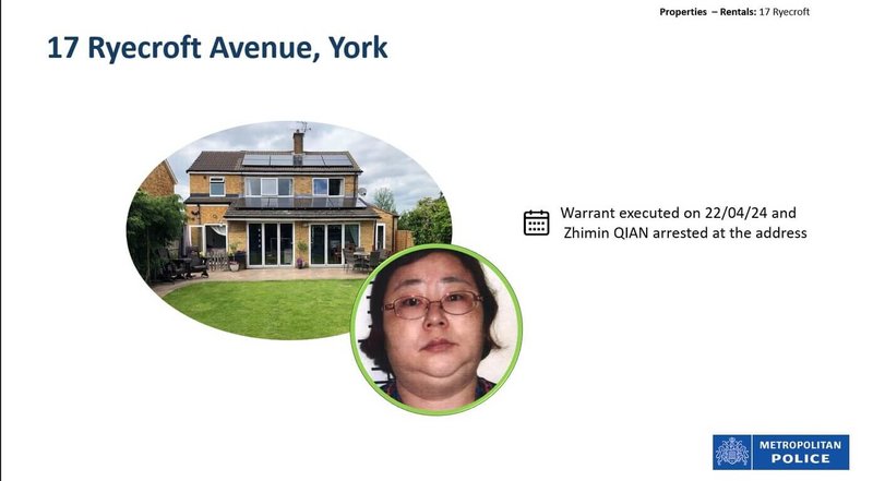 英國史上金額最大洗錢案中國籍首腦錢志敏(圖)去年4月在英格蘭約克市租處被捕,同時被捕的另外4人之中,有一名台灣男子。(倫敦都會區警察局提供)中央社記者陳韻聿倫敦傳真 114年11月12日