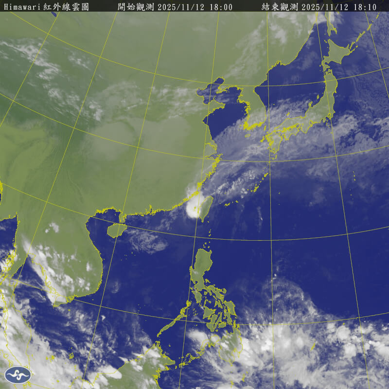 12日晚間6時衛星雲圖。（圖取自氣象署網頁cwa.gov.tw）