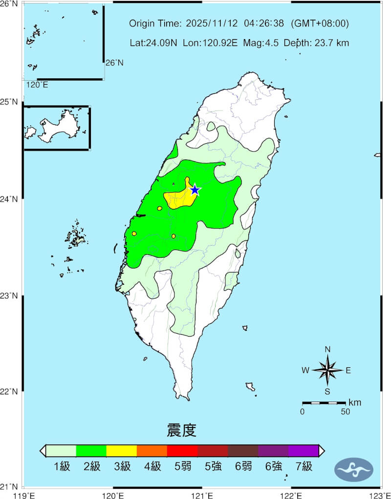 地震震度圖。（圖取自氣象署網頁cwa.gov.tw）