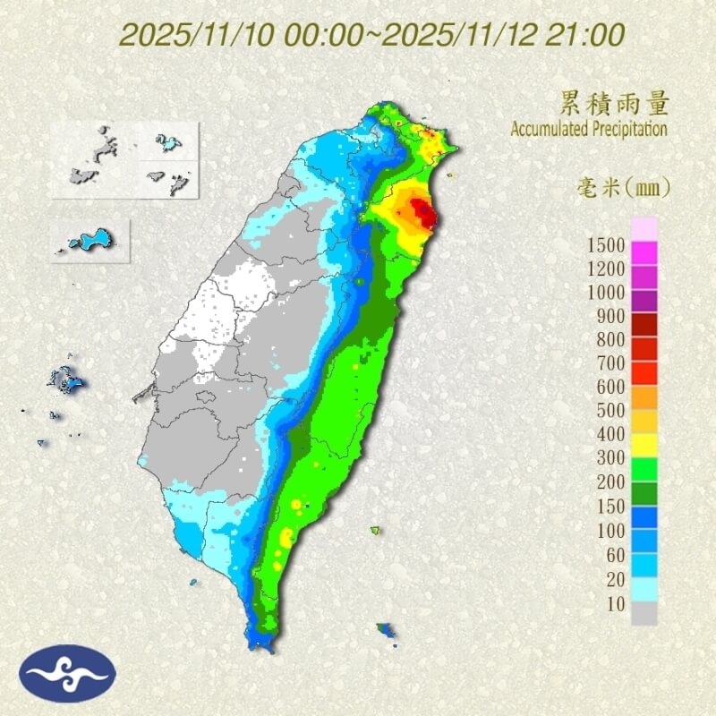 圖為氣象署公布全台10日至12日雨量累積圖。（圖取自氣象署網頁cwa.gov.tw）