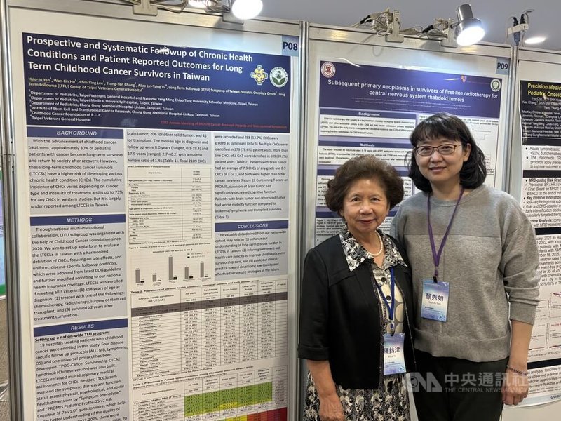 衛福部與國衛院15日舉行「2025年癌症研究計畫成果發表暨國際研討會」，台北榮總兒童癌症長期追蹤團隊會中發表台灣首個針對兒童癌症長期追蹤成果，由北榮小兒血液腫瘤科主任顏秀如（右）簡報說明。中央社記者沈佩瑤攝　114年11月15日