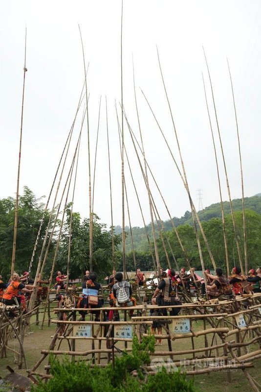 屏東縣來義鄉排灣族文樂部落15日迎來祖靈祭正祭最終日，21名各家族系代表勇士坐上刺球架，以刺球桿盛接象徵福運的藤球。中央社記者黃郁菁攝　114年11月15日