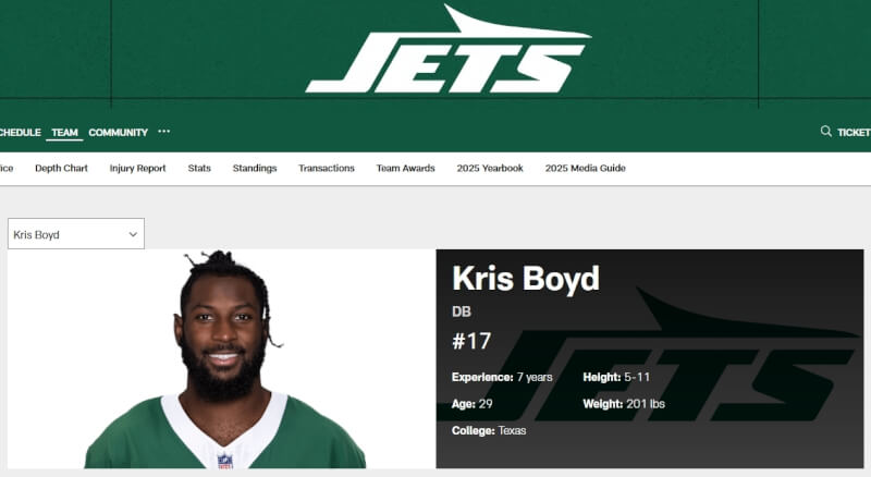 職業美式足球NFL紐約噴射機角衛包伊德。（圖取自紐約噴射機網頁newyorkjets.com）