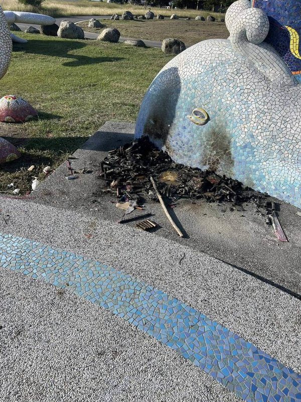 台東市海濱公園海洋意象廣場深受市民與遊客喜愛,成為散步、遊憩與拍照打卡景點,18日接獲通報,海洋意象廣場有被焚燒跡象,公園管理班人員到場發現一堆燃燒過的木頭,及局部磁磚受損嚴重。(台東市公所提供)中央社記者李先鳳傳真 114年11月18日