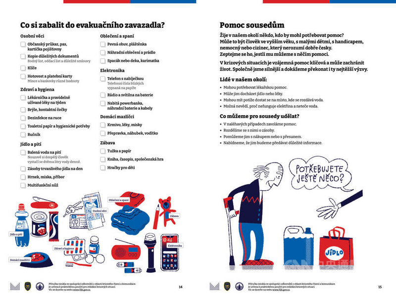 捷克內政部近期發布「72小時生存手冊」,總頁數20頁、13個章節。圖為手冊中提到「撤離背包該裝些什麼」與「幫助鄰居」的內容。(圖取自捷克內政部)中央社記者劉郁葶布拉格傳真 114年11月19日