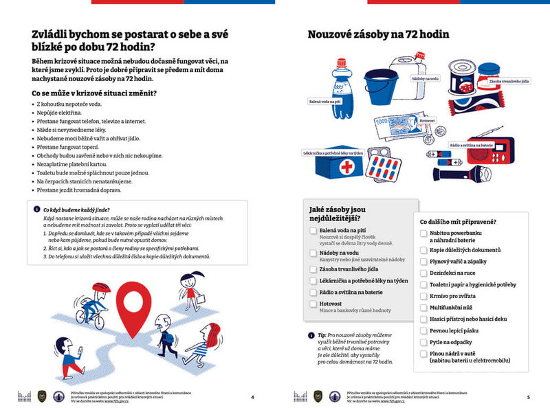 捷克內政部近期發布的「72小時生存手冊」,總頁數20頁,當中包含「72小時緊急物資」、「疏散」、「幫助鄰居」、「與孩子溝通」等13個章節,旨在提高民眾對危機情況的準備程度。(圖取自捷克內政部)中央社記者劉郁葶布拉格傳真 114年11月19日