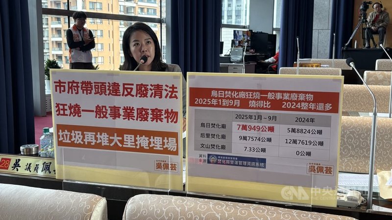 台中市大里垃圾山逐年增高，無黨籍台中市議員吳佩芸19日質詢指出，台中市多年未調整一般事業廢棄物的收費，導致自家垃圾燒不完，外地垃圾越燒越多。中央社記者趙麗妍攝　114年11月19日