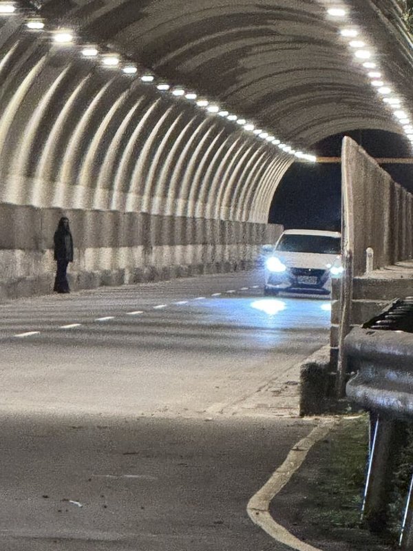 賴姓男子10月26日晚間騎車經基隆市中山隧道，看到長髮黑衣女（圖）站在道路，引發網路「女鬼」熱議。警方追查，岩女、李男和江男稱為拍攝靈異短片，基隆地方法院11月17日裁定3人各處罰鍰新台幣5000元。（賴姓男子提供）中央社記者王朝鈺傳真　114年11月20日