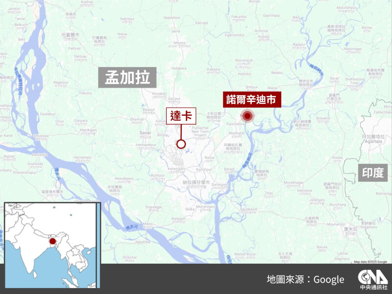 孟加拉21日發生規模5.7地震，震央在諾爾辛迪市，人口稠密的首都達卡建築物毀損，印度東部也感受到這場地震。（中央社製圖）