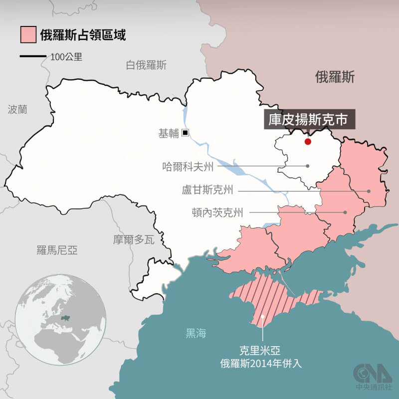 盧甘斯克與頓內茨克目前部分由烏克蘭控制，這兩個地區共同構成位於前線的頓巴斯工業帶。（中央社製圖）