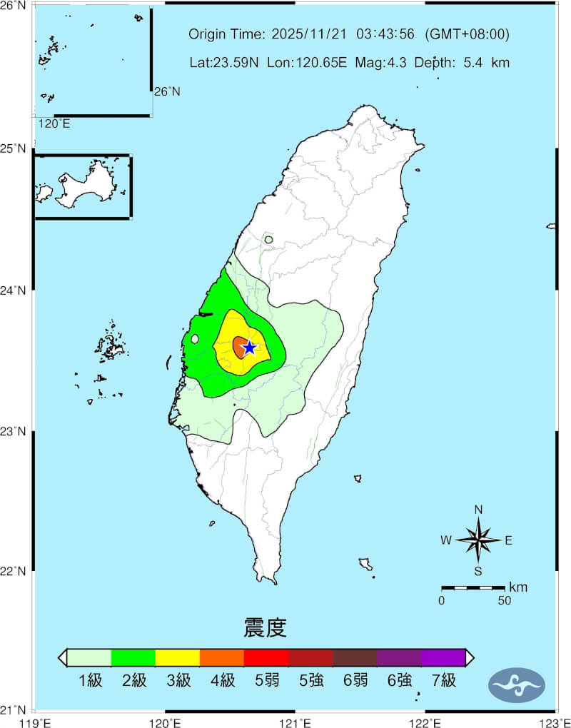 地震震度圖。(圖取自氣象署網頁cwa.gov.tw)