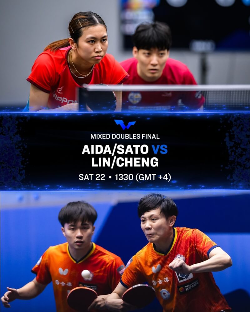 台灣桌球混雙「黃金組合」林昀儒（左下）、鄭怡靜（右下）22日在舉行的WTT馬斯喀特球星挑戰賽，對上日本削球組合英田理志、佐藤瞳。（圖取自世界桌球職業大聯盟臉書facebook.com/WTT）