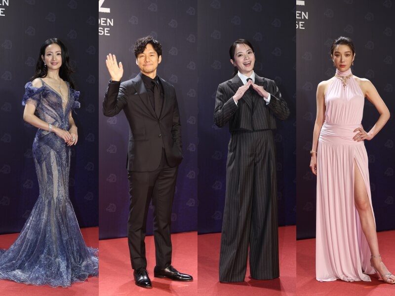第62屆金馬獎頒獎典禮22日晚間登場，眾星盛裝出席。由左至右為林依晨、西島秀俊、高伊玲、蔡淑臻。中央社記者吳家昇、張新偉攝 114年11月22日