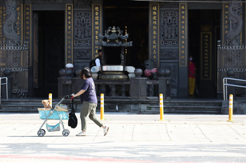 23日白天氣溫將明顯回升，24日晚起東北季風增強。圖為民眾趁著好天氣在北市關渡宮外遛狗。（中央社檔案照片）